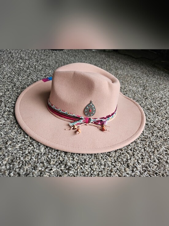 Jesscasday Gentleman Fedo   Boho Pink Wide-Brim Fedora Hat with Embellished Band main image 4